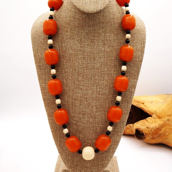 Vintage Orange Bakelite Black Onyx & White Bead Statement...